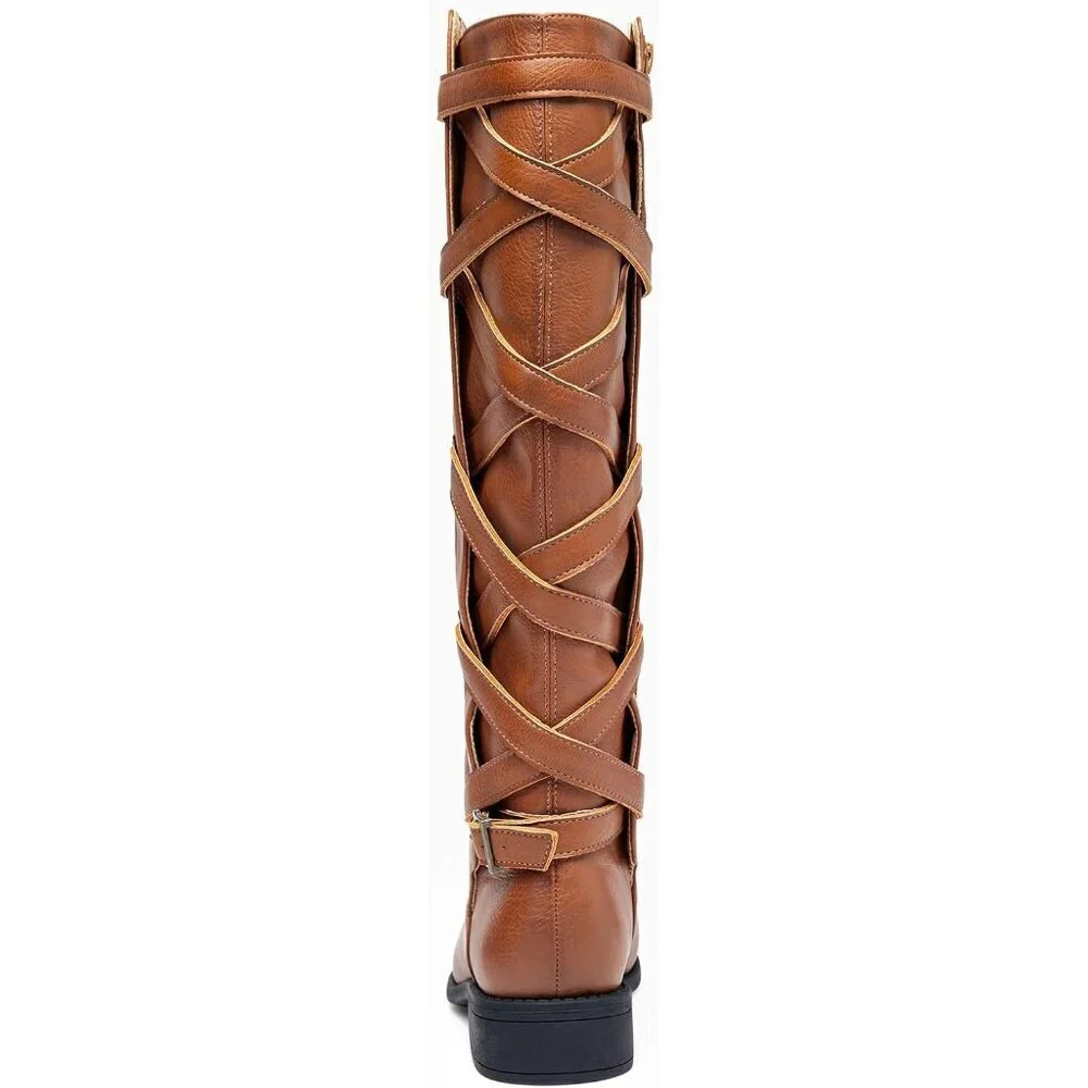 Womens Faux Leather Light Brown Strappy Motorcycle Knee High Riding Lace Up Boot
